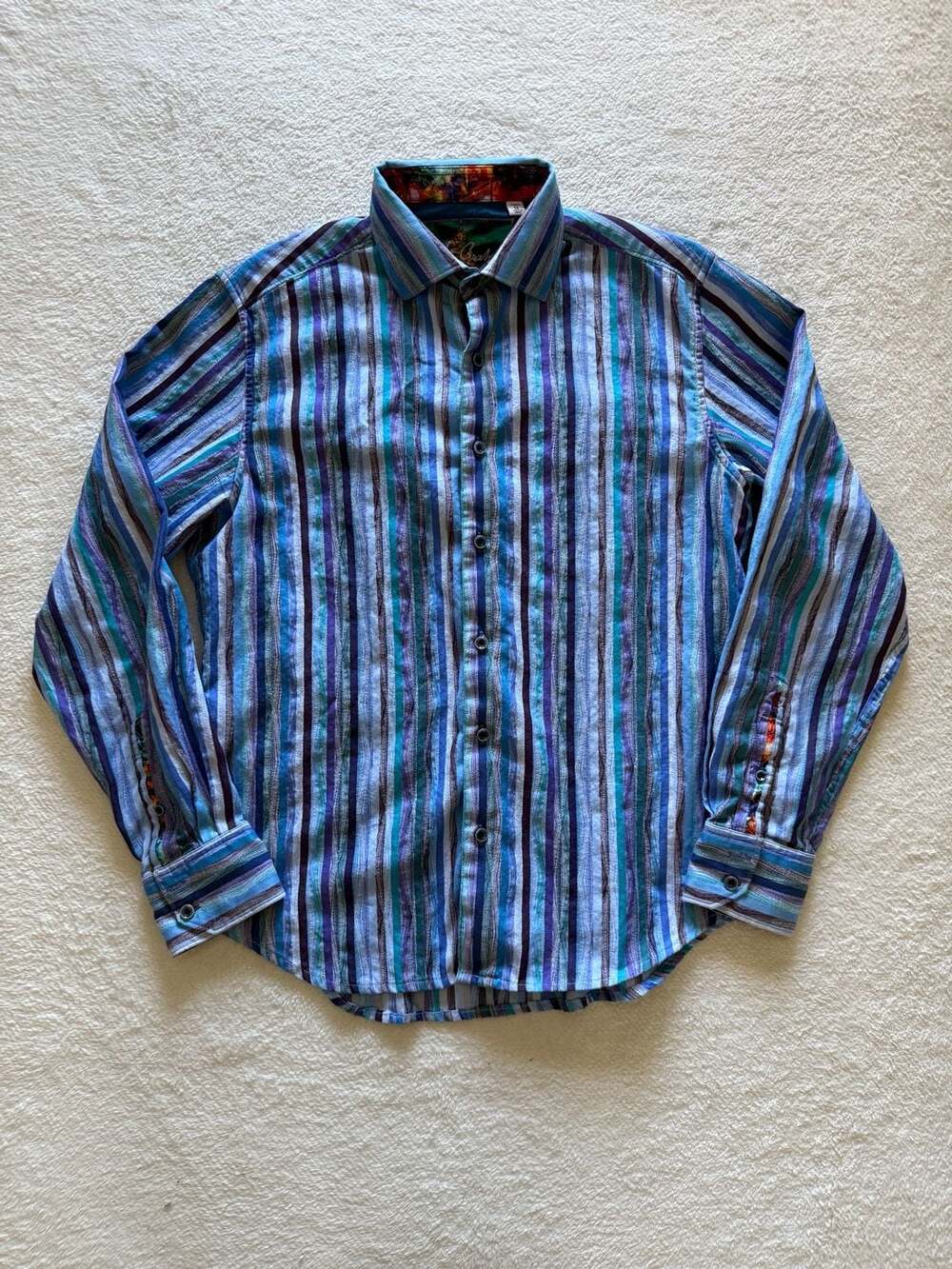 Robert Graham Shirt Men Medium Blue Purple Striped Color Classic Fit Flip Cuff